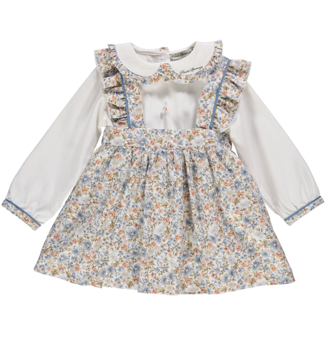 White blouse & blue floral skirt set with straps