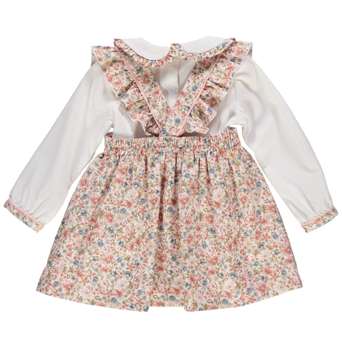 White blouse & pink floral skirt set with straps