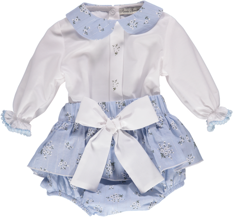 Girl's set with blue blouse and shorts with bow