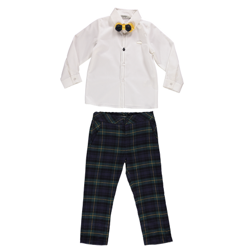 Conjunto de camisa com papillon e calças em xadrez tartan verde