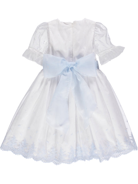 Vestido azul de festa com renda bordada e cinto