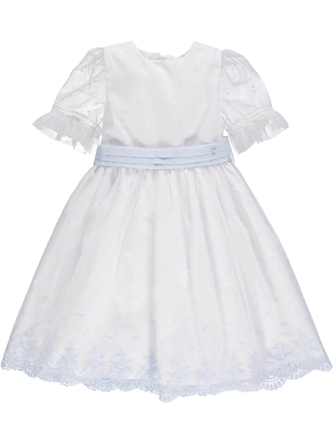 Vestido azul de festa com renda bordada e cinto