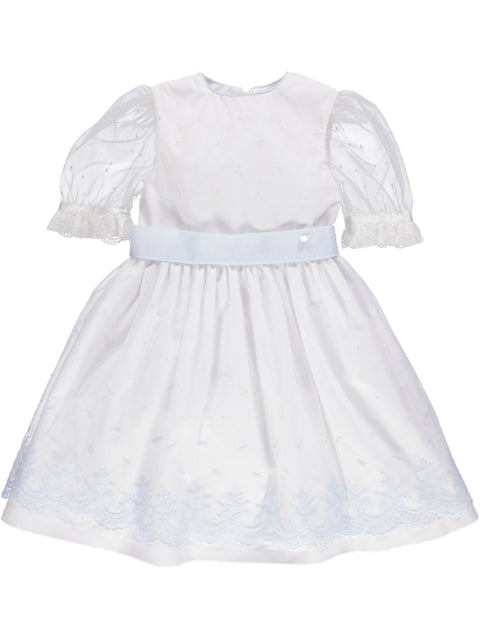 Vestido branco de festa com detalhes azuis