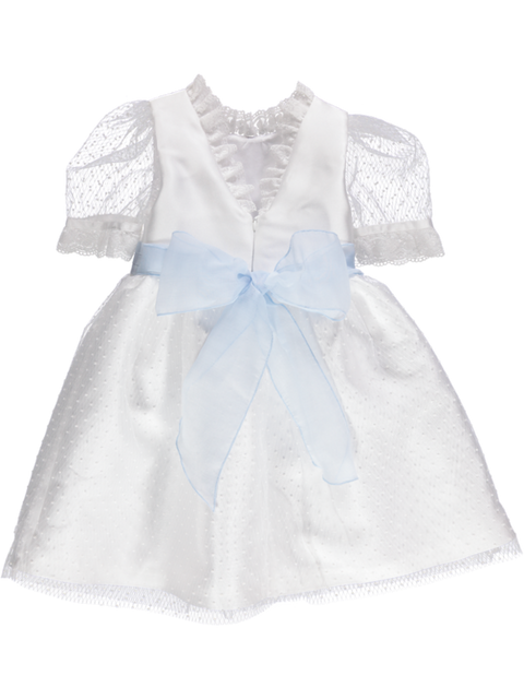 Vestido Branco e azul De Festa Com Renda Bordada E Cinto contrastante