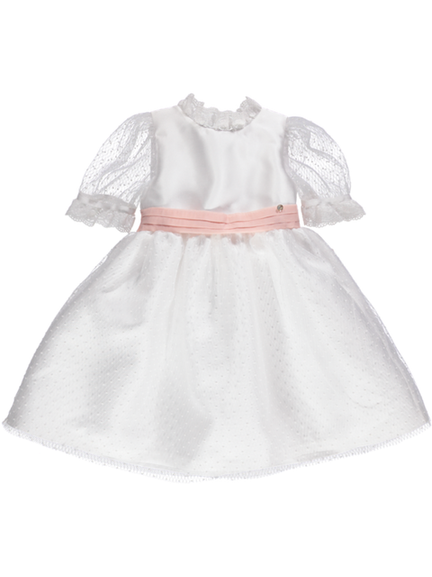 Vestido Branco e rosa De Festa Com Renda Bordada E Cinto contrastante