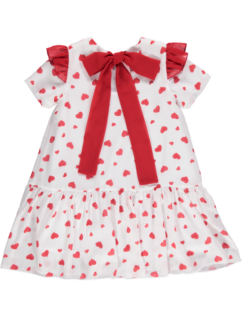 Dress with red hearts, detail on the sleeve and bow on the back