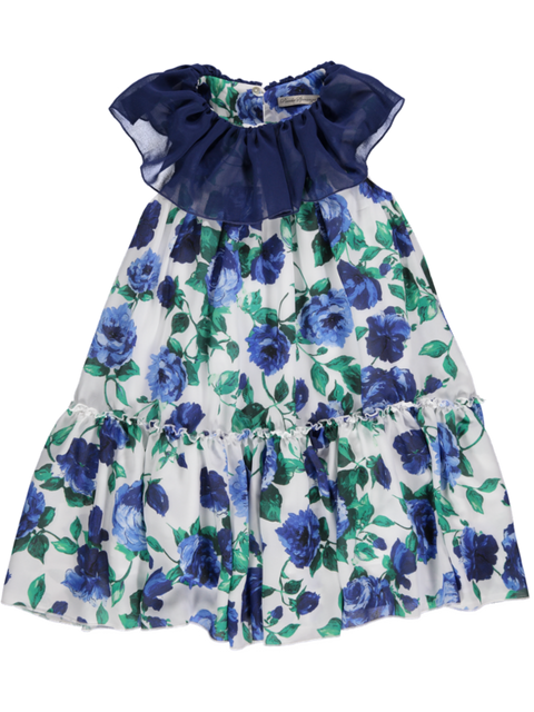 Vestido azul com padrão floral e gola