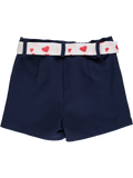 Navy shorts with white belt with red hearts