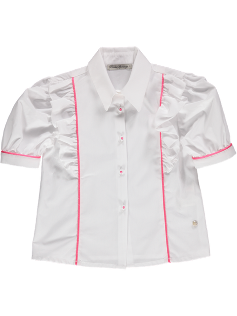 Blusa branca com folhos e vivos rosa