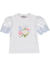 White T-Shirt with blue embroidered lace detail