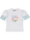White T-Shirt with green embroidered lace detail