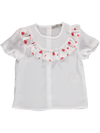 White blouse with red heart ruffles