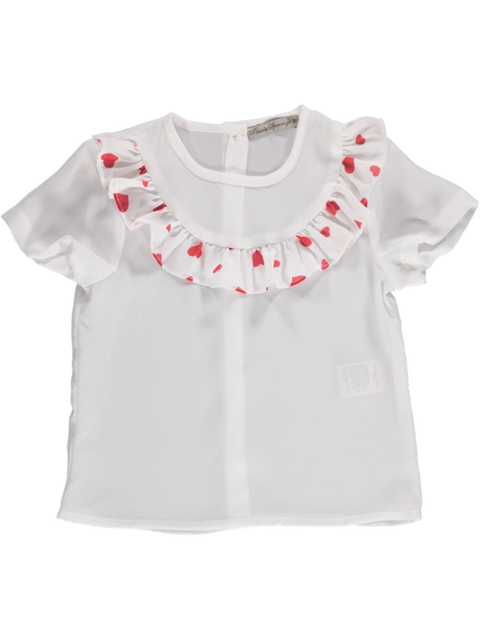 Blusa branca com folhos de corações vermelhos