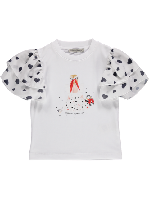 T-Shirt with navy blue heart ruffles on the sleeves and doll print