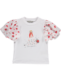 T-Shirt with red heart ruffles on the sleeves and doll print