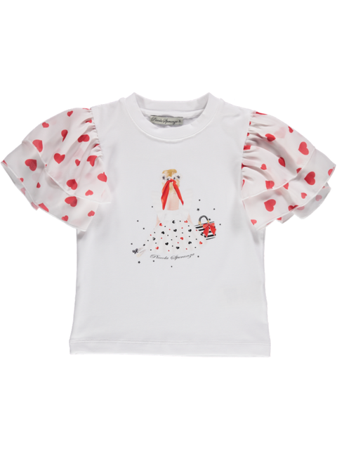 T-Shirt with red heart ruffles on the sleeves and doll print