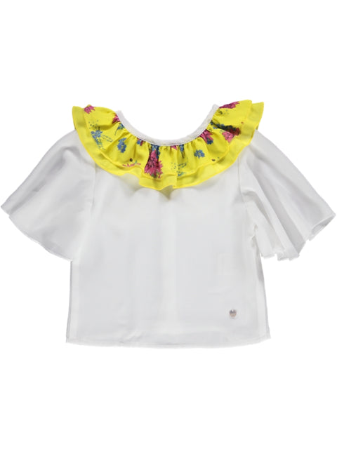 Blusa branca com folho floral amarelo