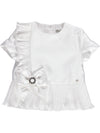 White blouse with pleated fabric and large bow