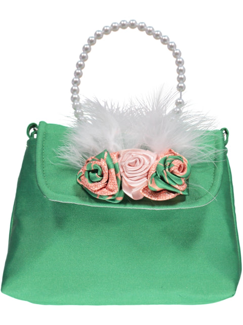 Green girl's bag with pearl flowers and feathers