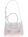 Pink girl's bag with blue embroidered lace detail