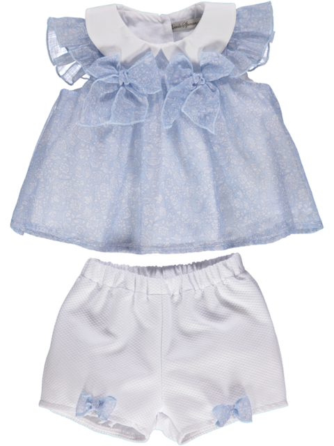 Conjunto de menina azul e branco de top e calção