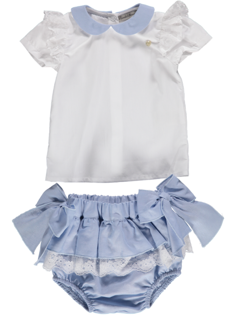 Conjunto de menina azul e branco de top e calção