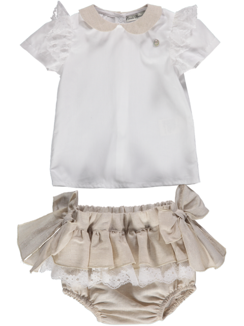 Conjunto de menina beige e branco de top e calção