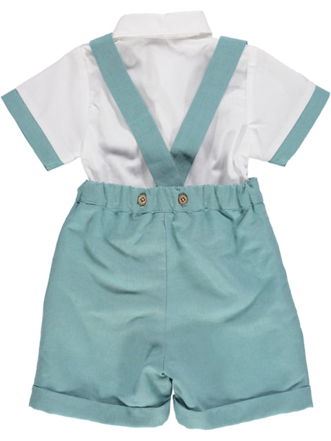 Conjunto de menino verde azulado com calção e camisa