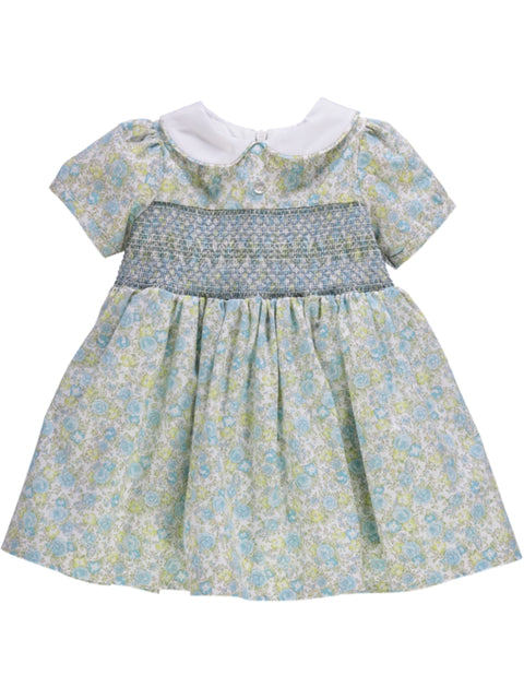 Vestido rosa florido com smocks, gola peter-pan e laço nas costas