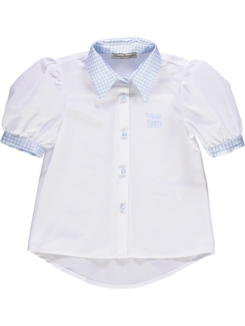 Camisa de gola azul de padrão vichy