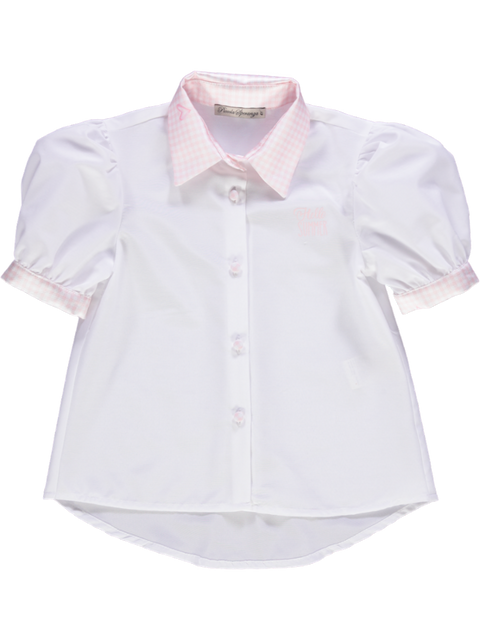 Camisa de gola rosa de padrão vichy