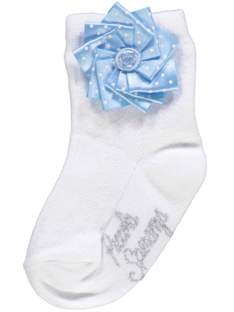 Meia com flor azul às pintas