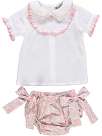 Conjunto rosa de blusa e tapa fraldas florida