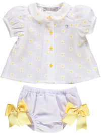 Conjunto branco e amarelo de tecido bordado