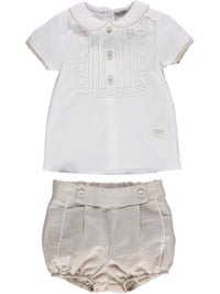 Conjunto de camisa com franzido no peito e tapa fraldas bege