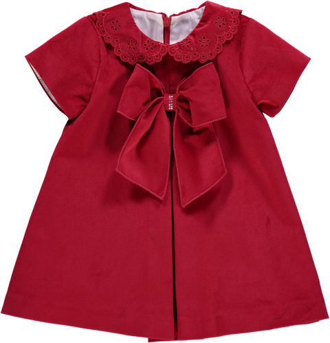 Vestido de bebé, vermelho com macho, golas bordadas e laço