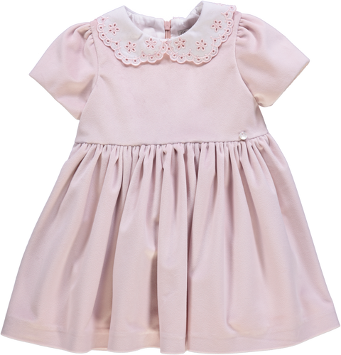 Vestido de bebé rosa com golas bordadas
