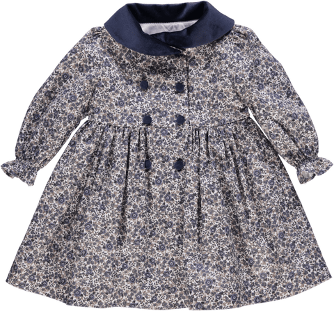 Vestido de bebé azul florido com gola navy
