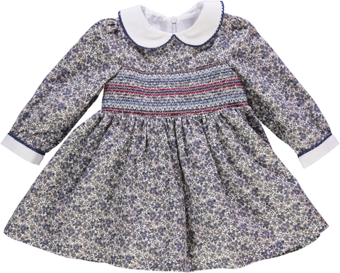 Vestido de bebé vazul florido com smocks