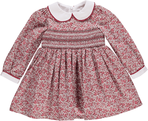 Vestido de bebé vermelho florido com smocks