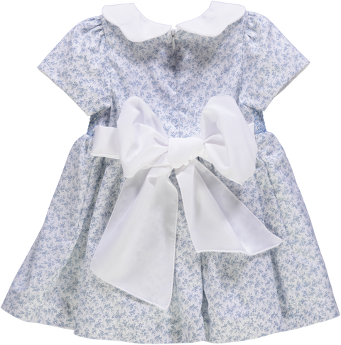 Vestido de bebé azul florido com smocks