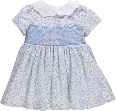 Vestido de bebé azul florido com smocks