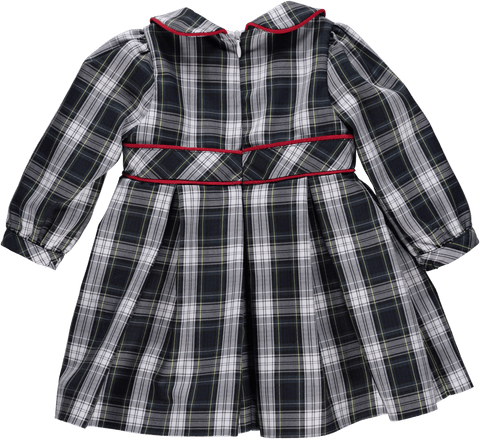 Vestido de bebé xadrez preto e branco om laço vermelho
