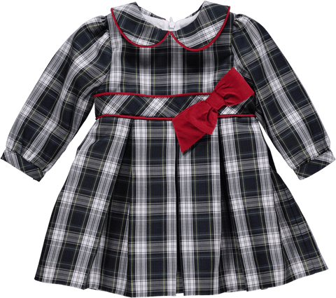 Vestido de bebé xadrez preto e branco om laço vermelho