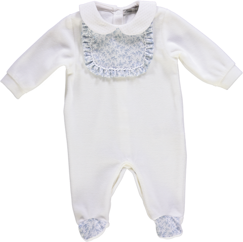 Babygrow de menina branco com detalhes em azul florido