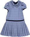 Vestido xadrez azul com saia plissada