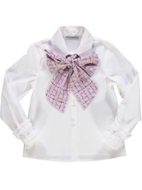 Blusa branca com laço rosa channel