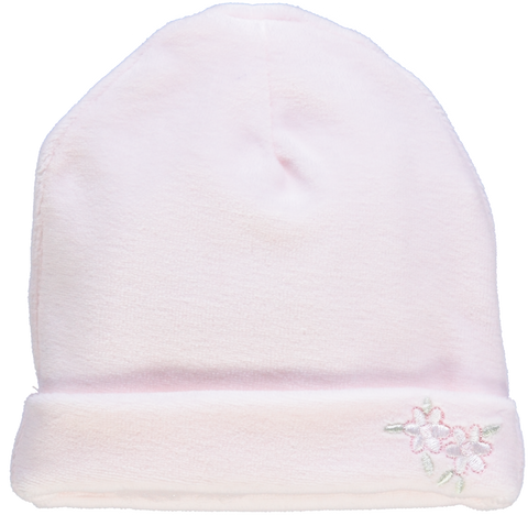 Gorro rosa com flores bordadas