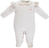 Pink babygrow with collar and ruffles on shoulders with colorful pattern