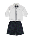 Set of white shirt with bow and green and blue checkered shorts